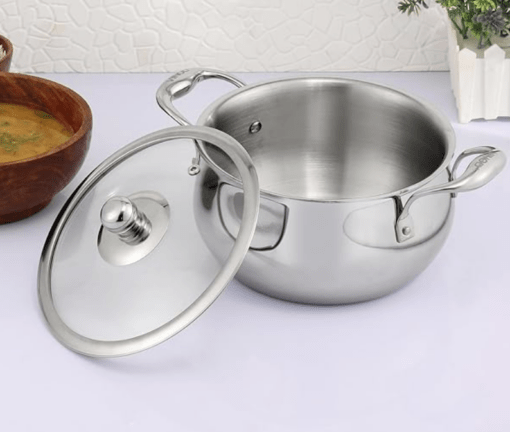 Vinod Belly Shape Platinum Triply Stainless Steel Saucepot - 3.7 Litre, 20cm | Glass Lid | Biryani Pot | Rivetted Handle | Induction & Gas Base - 5 Year Warranty - Image 3
